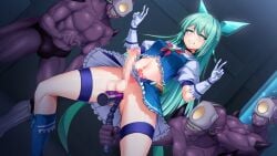 3boys anal anal_beads anal_object_insertion aqua_hair blue_skirt blush bowlegged_pose breasts calpish censored chest_jewel choker clenched_teeth colored_skin dildo double_v erection female futanari game_cg gloves green_eyes green_hair large_variant_set long_hair magical_girl magisphere_lazuris mahou_reiki_magisphere midriff monster mosaic_censoring multiple_boys navel non-web_source object_insertion official_art penis pubic_tattoo purple_skin rolling_eyes ruri_(magisphere) self-datamine sex_toy skirt straight tattoo teeth testicles thigh_strap v variant_set vibrator white_gloves