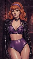 1girls 2d ai_generated bra choker daphne_blake gloves jacket latex latex_clothing looking_at_viewer scooby-doo