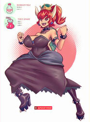 1girls 2018 5_fingers alternate_color alternate_hair_color alternate_skin_color alternate_species alternate_version_available armband ass_expansion big_breasts black_dress black_legwear booboom_milk bowsette breast_expansion breasts brown_skin canon_genderswap cleavage collar crown dark-skinned_female dark_skin dress earrings female female_only genderswap_(mtf) grin hair heels hi_res high_heels horns humanized knee_boots large_breasts looking_at_viewer mario_(series) medium_hair new_super_mario_bros._u_deluxe nintendo open_mouth ponytail pumps punk red_bowsette red_eyes red_hair shell smile solo solo_focus spiked_collar spikes spiky_shell super_crown supersatanson teeth thicc_shake thick_eyebrows transformation upper_teeth video_games voluptuous white_background