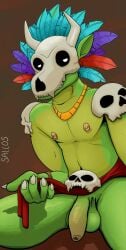 anthro balls bone bone_mask clothing digital_media_(artwork) genitals green_body hi_res humanoid_genitalia humanoid_penis lizard male male_only mask muscular muscular_anthro nipples nude pecs penis reptile sallos_(artists) scalie simple_background skull skull_mask solo terraria witch_doctor_(terraria)