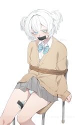 1boy bound bulge crossdressing erection erection_under_clothes femboy heterochromia long_sleeves looking_at_viewer male miya_hayashi_(ummd7854) original_character otoko_no_ko panties panties_peek school_uniform sex_toy sitting_on_chair tape_gag tears tied_to_chair tied_up trap vibrator vibrator_in_ass vibrator_remote white_hair