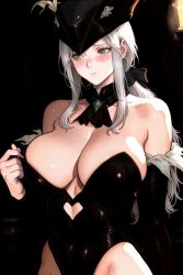 1female 1girls 2026 ai_assisted ai_generated alternate_costume background big_breasts black_legwear bloodborne blush blushing_female breasts cosplay costume dark_room elbow_gloves female female_focus female_only fromsoftware green_eyes lady_maria_of_the_astral_clocktower large_breasts light-skinned_female light_skin long_hair morrigan_aensland_(cosplay) nipples ponytail pose posing pulling_clothing pulling_own_clothes shiny_skin smile smiling uncensored video_game video_game_character video_game_franchise video_games white_hair