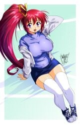 1girls 2025 2d alternate_version_available arm_behind_head artist_signature blue_shirt blue_shoes blue_skirt comic_party danmakuman dated female female_only front_view hair_ribbon highres huge_breasts jacket light-skinned_female light_skin looking_at_viewer miniskirt open_mouth ponytail purple_eyes red_hair shiny_skin sitting smile sneakers socks solo sweater takase_mizuki thighhighs thighs two-tone_background variant_set very_long_hair white_jacket white_stockings yellow_ribbon zettai_ryouiki