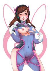 blizzard_entertainment bodysuit breasts d.va female heart-shaped_pupils nipples omitv overwatch sex solo tongue_out torn_clothes video_games