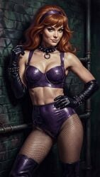 1girls 2d ai_generated bra collar daphne_blake fishnets gloves hairband latex latex_clothing looking_at_viewer scooby-doo spiked_collar spiked_wristband thighhighs