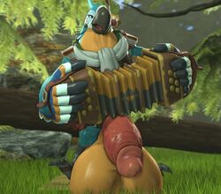 2018 3d accordion anthro avian balls big_balls breath_of_the_wild forest hi_res huge_balls hyper hyper_balls hyper_penis kass_(zelda) male male_only musical_instrument nintendo outside penis rito solo source_filmmaker the_legend_of_zelda tongue tree video_games xaliah