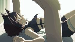 1boy animal_ear_fluff animal_ears animated backlighting black-framed_eyewear black_shirt black_shorts blank_censor blue_eyes blurry blurry_background blush breasts cat_ears cat_girl censored clothed_female_nude_male commentary_request commission covered_nipples cropped_shirt female from_side glasses handsfree_paizuri highleg_shorts highres looping_animation lying nude on_back on_bed original paid_reward_available paizuri paizuri_under_clothes parted_lips penis semi-rimless_eyewear shirt short_hair shorts skeb_commission sleeveless sleeveless_shirt straight tagme takita_(morokosi8) thigh_strap thighs ugoira under-rim_eyewear underboob video window