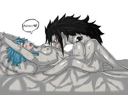 bed black_and_white blue_hair blushing breasts fairy_tail gajeel_redfox handcuffs larger_male levy_mcgarden licking sex sheets size_difference smaller_female sweat