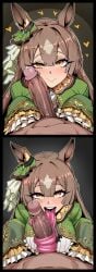 1boy 1girls 2d :> ai_generated animal_ears big_cock big_penis blush brown_hair cock comic ear_ornament erection fellatio female hair_between_eyes heart horse_ears horse_girl huge_cock large_cock large_penis licking long_hair long_sleeves long_tongue looking_at_viewer male male/female open_mouth oral penis penis_on_face pov precum precum_bubble satono_diamond_(umamusume) sleeves_past_wrists sloppingslurpie smile straight thick_cock thick_penis tongue tongue_around_penis tongue_out tonguejob umamusume umamusume_pretty_derby uncensored vein veiny veiny_cock veiny_penis yellow_eyes