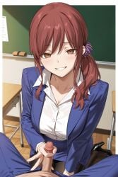 ai_generated bangs blue breasts brown classroom clothed_female_nude_male clothes collar dark exusi_ai eyes female grin hair hairtie handjob hands_on_penis heels indoors jacket large letterbox long looking_at_viewer melty_blood noel_(tsukihime) open over pants pantyhose pinching ponytail pov shoulder sidelocks sitting small_penis small_penis_adoration small_penis_humiliation smug solo tsukihime two-finger two-finger_handjob type-moon undershirt white