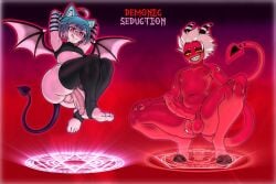 2boys armwear blue_hair bumpy_penis cat_ears cowlick demon_wings feet femboy gradient_background gradient_hair hellaverse hooves imp_tail imp_wander indie_virtual_youtuber looking_down male_succubus nude_male oc penis raffle_prize red_eyes red_skin sketchcolor stirrup_legwear succubus summoning summoning_circle testicles wander_(water_enjoyer) white_hair yellow_sclera
