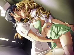 2girls against_wall black_hair blonde_hair blush breast_grab breast_press breasts closed_eyes dutch_angle earrings erect_nipples female fingering game_cg garter_straps grabbing green_skirt hat hoshimoto_aki indoors jewelry kissing kitahara_akane large_breasts long_hair multiple_girls necklace nurse nurse_cap pussy_juice saliva skirt stockings striped striped_skirt thanatos_no_koi thighhighs vertical-striped_skirt vertical_stripes yuri