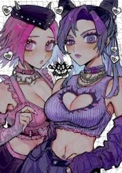 2girls bare_shoulders belt black_headwear blush breasts cleavage_cutout clothing_cutout collar colored_eyelashes crop_top detached_sleeves eyeshadow fingernails genderswap genderswap_(mtf) hand_on_own_hip heart heart-shaped_pupils highres horned_hat implied_yuri jojo's_bizarre_adventure jolyne_kujo kuujou_jolyne large_breasts lipstick looking_at_viewer makeup medium_breasts multiple_girls narciso_anasui navel navel_piercing neg_50asu parted_bangs piercing pink_eyes pink_hair purple_eyes purple_hair rule_63 short_hair simple_background spiked_collar spikes squinting stone_ocean symbol-shaped_pupils upper_body