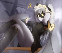 1girls angry_expression black_clothes crossed_legs female female_focus female_only glitch_productions grey_hair grey_hair_female hands_behind_head j_(murder_drones) murder_drones pawkastel pigtails robot screen_face solo solo_female solo_focus steroidsgulper_(artist) tail thighs yellow_eyes yellow_eyes_female