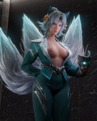 1girls 3d 3d_(artwork) ami_han animal_ears breasts breasts_out female female_focus female_only fox_ears fox_girl large_breasts looking_at_viewer marvel marvel_comics marvel_rivals mask masked masked_female nipples no_shirt short_hair solo solo_female solo_focus suit white_fox_(marvel) white_fox_(marvel_rivals) white_hair zen_art