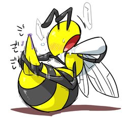 2015 ambiguous_gender arthropod bee beedrill blush feral insect japanese_text kageyama masturbation nintendo pokémon_(species) pokemon pokemon_rgby simple_background solo stinger sweat text video_games wet white_background