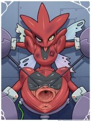 3:4 anthro arthropod arthropod_abdomen binder_(restraint) bodily_fluids bruised bruised_eye despairchanpu drooling female gaping gaping_vagina generation_2_pokemon genital_fluids genitals hi_res insect_wings insects leaking looking_at_viewer masochism nintendo pokemon pokemon_(species) pussy_juice_leaking restraint_device restrainted restraints ryona saliva saliva_string scizor solo stretched_vagina team_rocket tears tongue tongue_out torn_wing vaginal_fluids vulva wings