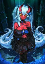 akumi bare_shoulders black_legwear black_ribbon blue_flower blue_rose blush breasts cleavage demon_girl dress female flower hair_between_eyes hair_flower hair_ornament holding horns large_breasts long_hair looking_at_viewer petals rain red_flower red_rose red_skin ribbon rose smile solo very_long_hair vyugen yellow_eyes
