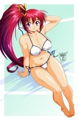 1girls 2025 2d alternate_version_available arm_behind_head artist_signature ass_visible_through_thighs barefoot bikini cleavage collarbone comic_party danmakuman dated female female_only front_view hair_ribbon highres huge_breasts light-skinned_female light_skin looking_at_viewer navel open_mouth ponytail purple_eyes red_hair shiny_skin sitting smile solo takase_mizuki thighs two-tone_background variant_set very_long_hair white_bikini yellow_ribbon
