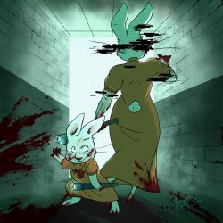 absurd_res anthro blood bodily_fluids duo electroshock_weapon female fur hallway hi_res lagomorph leporid mammal marx_and_rhubarb max_and_ruby patagum prison_uniform prisoner rabbit rhubarb_(marx_and_rhubarb) ruby_(max_and_ruby) scut_tail short_tail smile stun_baton tail weapon whiskers white_body white_fur youtube youtube_poop