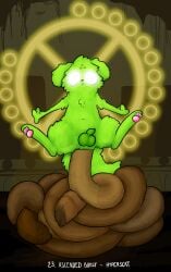 2026 absurd_res anthro anus balls darkened_genitalia digital_media_(artwork) excessive_feces facial_markings feces feces_pile fluffy fluffy_chest fluffy_ears fluffy_tail forehead_markings genitals glowing glowing_eyes green_body head_markings hi_res hyper hyper_feces levitation male male_pooping markings navel penis pincoosh pooping_on_floor rain_world saint_(rain_world) scat scatplay signature slugcat solo tail videocult