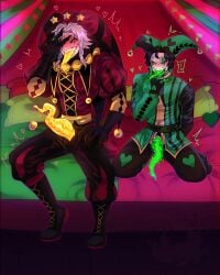 ! 2boys 2d 2d_(artwork) 2d_artwork 2male 2males 2man 2men bed bedroom bedroom_background bedroom_eyes bedroom_setting bells black_hair black_sclera blush blush_face blushed_face blushing blushing_male blushing_profusely boots c3ga color colored gloves green_eyes green_tongue hand_gesture harlequin_(the_freak_circus) heart heart_eyes heart_symbol hearts jester jester_cap jester_costume jester_hat jester_outfit long_hair long_tongue motion_lines pierrot_(the_freak_circus) pubic_hair pubic_hair_peek shaking_lines short_hair sitting sitting_down sitting_on_bed size_difference sstupidcat star star_(symbol) straight_hair sweat sweating sweaty sweaty_face tagme tentacle tentacle_cock tentacle_dick tentacle_penis the_freak_circus wavy_hair white_hair white_skin yellow_eyes yellow_tongue
