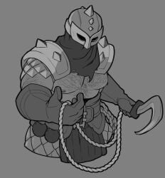 1boy 2026 armor armored armored_male bara bear_(body_type) belt body_hair bounty_hunter_(darkest_dungeon) chest_hair clothed cowl darkest_dungeon gay gloves grey_background greyscale hairy hairy_male helmet hook male male_nipples male_only man_boobs mask masked masked_male musclegut muscles muscular nipples no_visible_genitalia rope shirtless spiked_armor trashtank unseen_male_face upper_body upper_body_only weapon yaoi