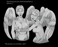 2girls alternate_version_available angel angel_wings big_breasts big_nipples black_background breast_grab breasts dialogue doctor_who english_text fangs monochrome monster_girl nightmare_waifu nipples plaguetyranno statue stone text weeping_angel wings