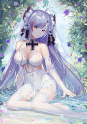 1girls ahoge arm_support azur_lane bangs bare_shoulders breasts bridal_veil brown_eyes choker cleavage dress eyebrows_visible_through_hair female flower hair_flower hair_ornament hair_ribbon head_tilt kantai_collection large_breasts lips lipstick long_hair looking_at_viewer makeup panties pantyshot pantyshot_(sitting) partially_submerged petals pink_lipstick prinz_eugen_(azur_lane) ribbon riinnmo rinmmo see-through sitting sleeveless sleeveless_dress solo thighhighs thighs tree underwear veil very_long_hair wading water wet wet_clothes white_legwear