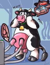 2018 anthro azure_(lemonynade) binturongboy bovine cattle clothed clothing collar costume cow_costume cowbell dragon encasement erection green_collar hi_res horn lemonynade machine male male_only male_with_udders mammal milking_machine muzzle_(object) muzzled penis rubber scalie shiny simple_background solo teats text udders