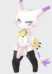 balls big_ears big_penis blue_eyes blush claws clothing digimon feline flaccid foxwhitenorth fur gatomon girly gloves green_eyes hi_res legwear long_tail male male_only mammal partially_retracted_foreskin penis rule_63 sagging_balls simple_background solo tail_ring thigh_highs uncut white_background white_fur