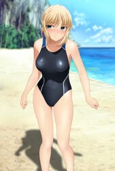 artoria_pendragon beach black_swimsuit blonde_hair blush breasts fate/grand_order fate/stay_night fate_(series) green_eyes medium_breasts one-piece_swimsuit pale-skinned_female swimsuit thighs tied_hair yadokari_genpachirou