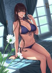 bangs bare_shoulders bikini blue_bikini blue_eyes blush breasts brown_hair choker clavicle cleavage curtains damegane female female flower high_resolution large_breasts legs long_hair looking_at_viewer navel original parted_lips scrunchie side-tie_bikini sitting solo swimsuit thighs window wrist_scrunchie