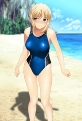 artoria_pendragon beach blonde_hair blue_swimsuit blush breasts fate/grand_order fate/stay_night fate_(series) green_eyes medium_breasts one-piece_swimsuit pale-skinned_female swimsuit thighs tied_hair yadokari_genpachirou