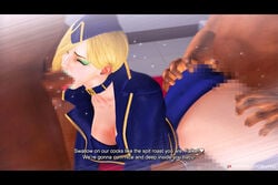 1girls 2boys blonde_hair censored chobi-pho chobi_x_pho cleavage falke fellatio female lipstick multiple_boys penis spitroast street_fighter street_fighter_v threesome