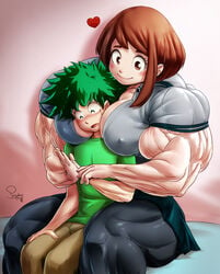 big_muscles breasts brown_eyes brown_hair bulge cuddling extreme_muscles female green_eyes green_hair heart hugging hyper hyper_muscles izuku_midoriya large_breasts male muscles muscular muscular_female my_hero_academia ochako_uraraka pegius size_difference