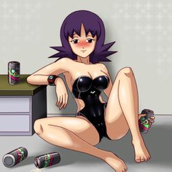 1girls 2013 ass beer beer_can blush breasts brown_eyes can cleavage curvaceous deadmoon drink drunk feet female half-closed_eyes human human_only large_breasts nintendo pale-skinned_female pale_skin philena_ivy pokemon pokemon_professor pokemon_rgby purple_hair short_hair solo source_request swimsuit toes wide_hips