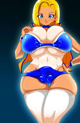 1futa android_18 basara bulge dickgirl dragon_ball futa_only futanari gigantic_breasts intersex looking_at_viewer panty_bulge solo tanline tanned white_legwear wide_hips