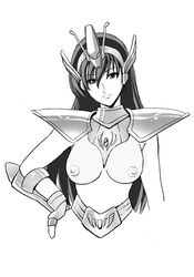 1girls areolae armor black_hair breasts bronze_saints equuleus_kyoko female human large_breasts long_hair looking_at_viewer monochrome saint_seiya saint_seiya_saintia_sho shoulder_armor shoulder_pads smile tiara topless