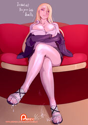 blonde_hair blue_eyes breasts cavalry chijo cleavage clothing commission couch crossed_arms cum cum_on_body cum_on_lower_body english evangeline_a._k._mcdowell_(adult) evangeline_a.k._mcdowell feet female female_pervert fringe frown large_breasts legs legs_crossed long_hair looking_at_viewer looking_down mahou_sensei_negima! pervert purple_eyes sandals shirt sitting skirt teenager toes uq_holder!