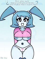 black_eyes blue_hair blush clothed happy heart jenny_wakeman my_life_as_a_teenage_robot panties pink_t-shirt robot robot_girl shy_jaz smile t-shirt text white_panties xj-9