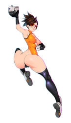 armpits ass_cutout big_ass big_breasts brown_hair cameltoe curvy dixi-q edit exposed_ass goggles highleg_leotard huge_ass legs looking_at_viewer looking_back nipple_bulge one_leg_raised overwatch short_hair thick_thighs thighhighs tracer vagina