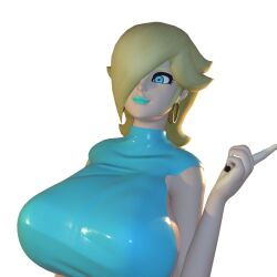 3d 3d_(artwork) big_breasts bimbo black_nails blender blonde_hair blue_eyes clothed earrings light_blue_lipstick mario_(series) nintendo pointing princess_rosalina squidly super_mario_galaxy white_background