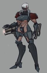 abs armor astralogy automaton_(helldivers) breasts dark-skinned_female dark_skin female female_focus female_only helldivers helldivers_2 large_breasts muscular muscular_female partially_clothed robot robot_girl robot_humanoid solo_female tan_body thick_thighs underboob weapon white_hair