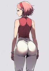 ai_generated ass ass_focus big_ass boruto:_naruto_next_generations looking_at_viewer naruto papagaimon sakura_haruno simple_background sweat tight_clothing white_background