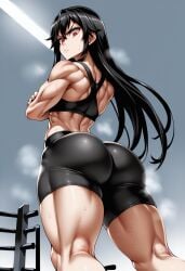 1girls ai_generated annoyed asanagi_(style) ass bike_shorts black_hair crossed_arms flat_chest from_behind from_below long_hair looking_at_viewer muscular muscular_female original red_eyes self_upload sports_bra steam steaming_body sweat thick_thighs