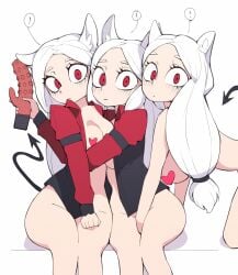 3girls censored cerberus_(helltaker) demon dog_ears female female_only helltaker red_eyes sex_toy tagme white_hair ˚☼。