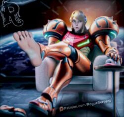 3d armor armored_samus boots boots_removed feet feet_focus feet_up foot_fetish foot_focus footjob_tease footwear metroid samus_aran space spacecraft spaceship spacesuit varia_suit