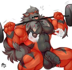 anthro arcanine balls barbell big_pecs bodily_fluids disembodied_hand dripping exercise fluffy fluffy_tail fur generation_8_pokemon genital_fluids genitals grey_body grey_fur hi_res hisuian_arcanine hisuian_form humanoid_genitalia humanoid_penis mal_lock male male_focus male_only muscular muscular_anthro nintendo nipple_fetish nipple_grab nipple_pinch nipple_play nude open_mouth orange_body orange_fur pecs penis pinch pokemon pokemon_(species) precum precum_drip regional_form_(pokemon) simple_background solo tail thick_penis tongue tongue_out weightlifting white_background workout