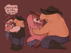 blush charlie_(smiling_friends) cowboy_hat gay holding male male_only mintyconolies one_eye_closed overweight overweight_male pim_(smiling_friends) size_difference smiling_friends undressing yaoi